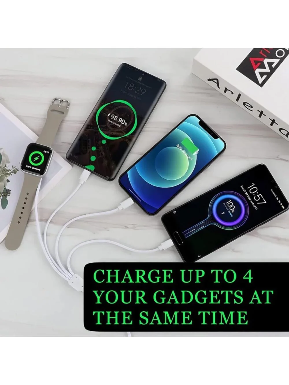 4-in-1 Multi Charging Cable for Apple Watch, iPhone, USB-C & Micro - 4FT Travel